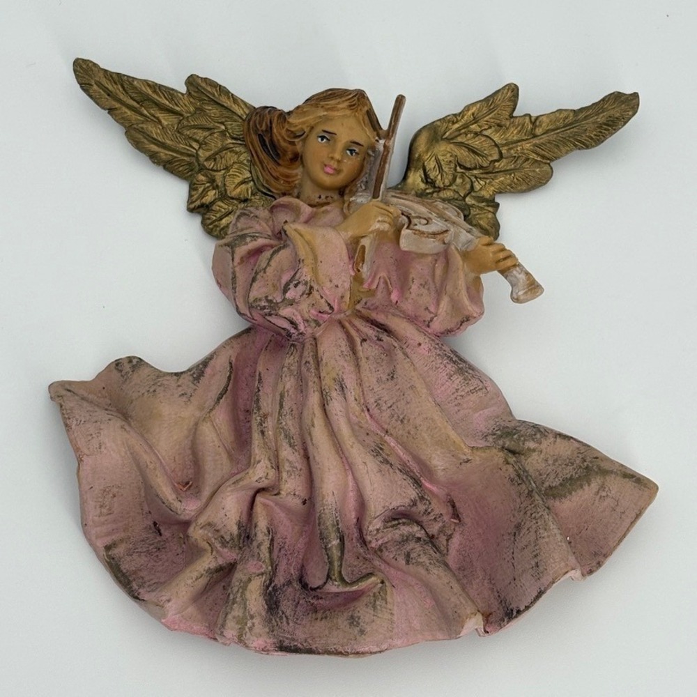 Fontanini 4942 Angel Playing Violin Wall Plaque Italy Pink Gold‎ Wings Vintage